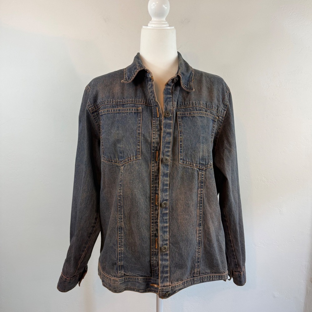 Studio West Denim Jacket Studded Western Trucker‎ Blue Jean Jacket Size L Y2K